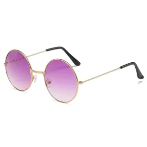 Retro round sunglasses with gold metal frame and purple gradient lenses on white background