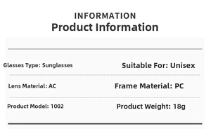 Detailed specifications for retro heart sunglasses showing AC lens and PC frame materials