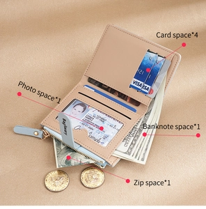 Short PU leather wallet interior with 4 card slots, photo holder and zipper pocket