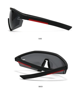 Dual view of oversized shield sunglasses showing side and back profiles in black and red