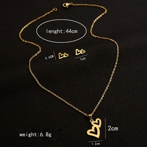 Detailed dimensions of gold stainless steel double heart necklace and earrings set
