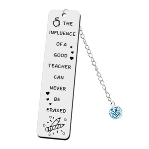 Silver stainless steel bookmark for teachers with engraved quote and blue crystal charm
