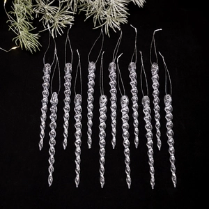 Detailed view of 12-piece clear acrylic spiral icicle ornaments for Christmas tree decor