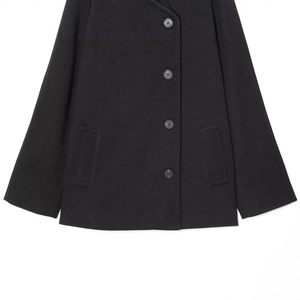 Short black wool coat for women featuring a single-breasted design and sharp textured finish