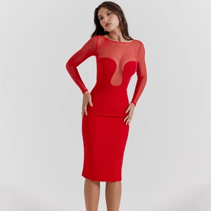 Slim fit red long sleeve midi dress with sheer mesh patchwork and round neckline
