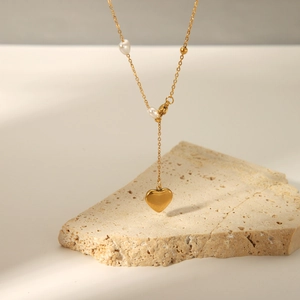 Heart Pendant Necklace 18K Gold Plated Stainless Steel Y Shape Imitation Artificial Pearl Minimalist Clavicle Chain For Women Jewelry