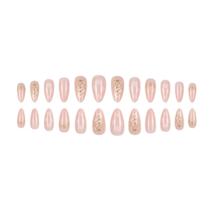 Nude almond press-on nails with 3D gold leaf embossing and white grid texture
