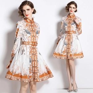 Abito Midi Elegante A Maniche Lunghe Collo Alto Stampa Floreale Fenice Vintage Con Cintura Per Donna