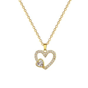 Élégant collier pendentif cœur en acier titane doré avec cristaux et chaîne en O