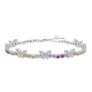 Elegant S925 sterling silver bracelet with colorful cubic zirconia butterfly and flower design