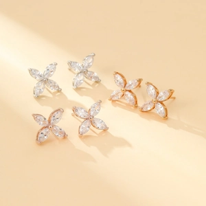 Sparkling S925 snowflake flower studs with zircon in gold silver and rose gold finishes