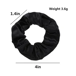 Black satin hair scrunchie with 10cm diameter and 3.5cm width dimensions