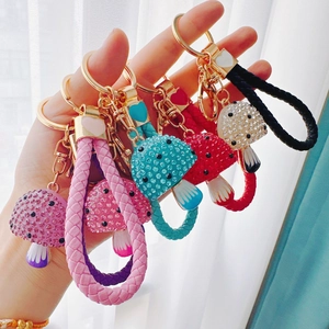 Creative resin mushroom keychains with rhinestones and colorful braided leather straps