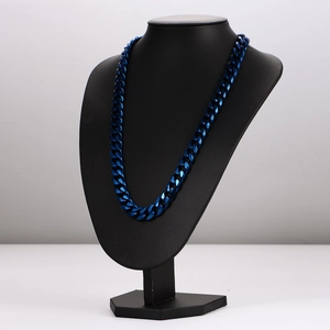 Punk style heavy duty blue stainless steel cuban chain necklace on black mannequin