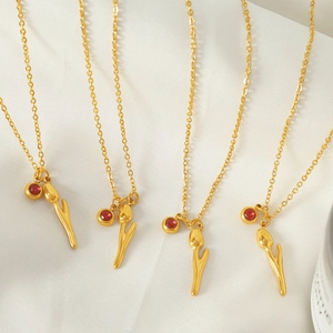 18k gold plated stainless steel tulip pendant necklaces with sparkling red crystal