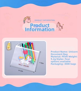 Detail view of unicorn PEVA zipper bag showing 21x17cm dimensions and markers inside