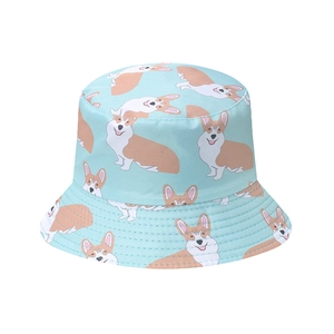 Light blue bucket hat with cute corgi dog print and wide brim for sun protection