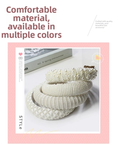 Detailed view of three white pearl headbands with mesh and diamond-studded patterns