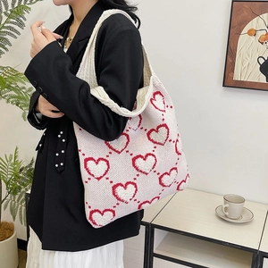 Sac fourre-tout en tricot avec motif coeur rouge grande capacité sac à bandoulière