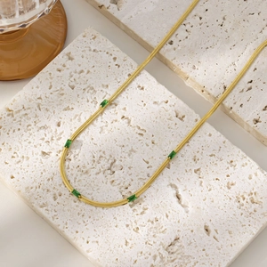 Elegant 18K gold plated snake chain necklace with five green rectangular zircon stones