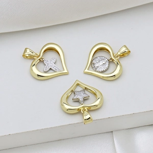 Two-tone heart pendants with cross, Virgin Mary, and star charms on white silk