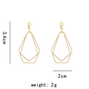 Detailed view of gold geometric rhombus earrings showing 3.4cm height and 2g weight specs