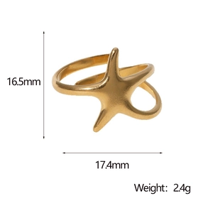 Detailed size chart for golden starfish ring showing dimensions 16.5mm by 17.4mm and weight