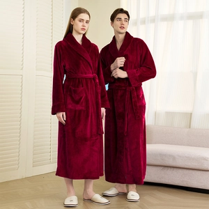Thick flannel couple bathrobes in deep wine red featuring shawl collar and waist belt