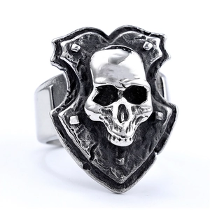 Punk style stainless steel skull shield ring for men with vintage biker aesthetic