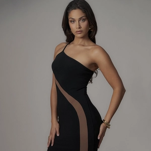Bodycon one-shoulder backless dress with black and brown asymmetric patchwork panels