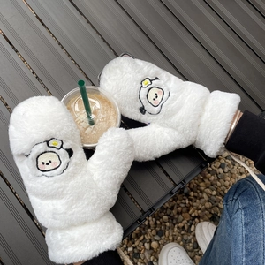 White plush puppy mittens with thick coral fleece lining and convenient neck string