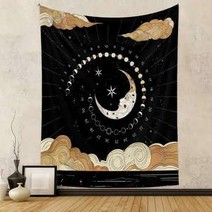 Detail of moon phase wall tapestry with celestial sun face and 31-day numeric calendar