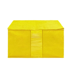 Yellow quilt storage bag with embossed rose pattern and clear window for home organization