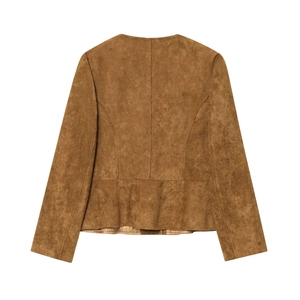 Back view of a casual camel brown suede A-line jacket for women with round neck