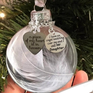 Memorial Christmas ornament with white feathers and engraved daughter heart pendant