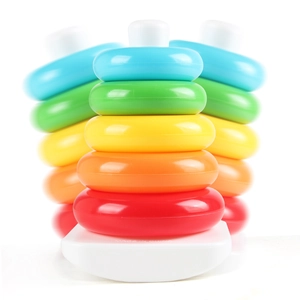 Rainbow stacker toy with five colorful rings on white base for baby early education