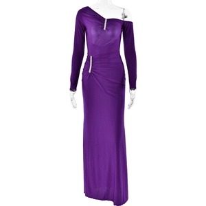 Detail of purple one-shoulder evening gown featuring sparkling rhinestone shoulder strap