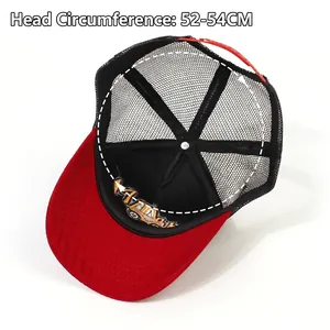 Kids trucker hat with excavator embroidery and red-black mesh design for head size 52-54cm