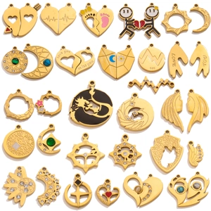 Breloques De Bijoux DIY En Acier Inoxydable Plaquées Or 18 Carats Pendentifs Coeur Soleil Lune Pour Couple Avec Émail Strass