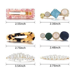 Detailed size guide for various marble and pearl hair clips with measurements in inches