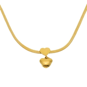 Golden titanium steel snake chain necklace with double heart pendants for women