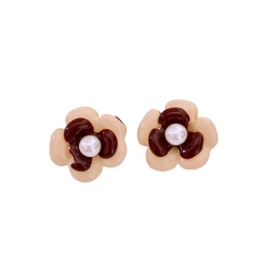 Elegant double-layered flower earrings with pearl center in beige and burgundy colors