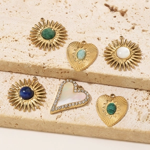 Vintage style heart and sun gold stainless steel pendants with natural shell and stone