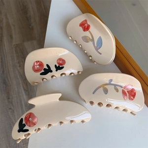 Set of 4 vintage beige flower hair claws with elegant tulip and rose patterns