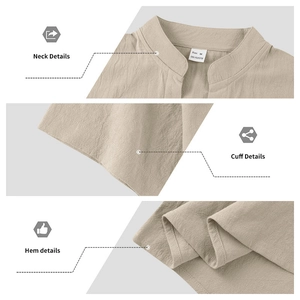 Detailed views of the stand collar, sleeve cuffs and hem on khaki linen-style shirt