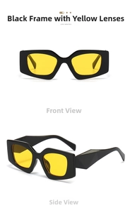 Detail view of retro geometric thick frame sunglasses in black with yellow lenses