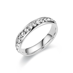 Detail of silver titanium steel ring with channel-set round zircon sparkling stones