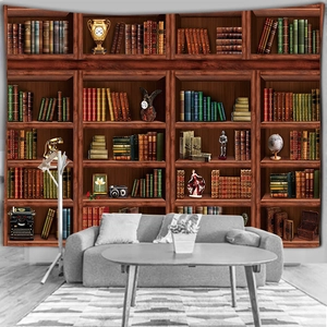 Detail of vintage bookshelf tapestry featuring a globe, clock, and books behind a sofa