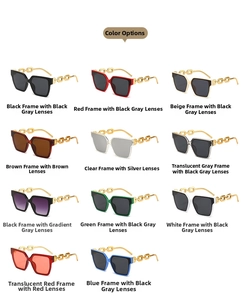 Flat lay of square sunglasses in various colors with decorative golden metal chain temples
