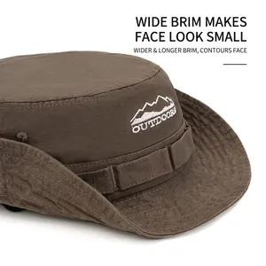 Chapeau de soleil marron à large bord avec broderie de montagne et jugulaire réglable